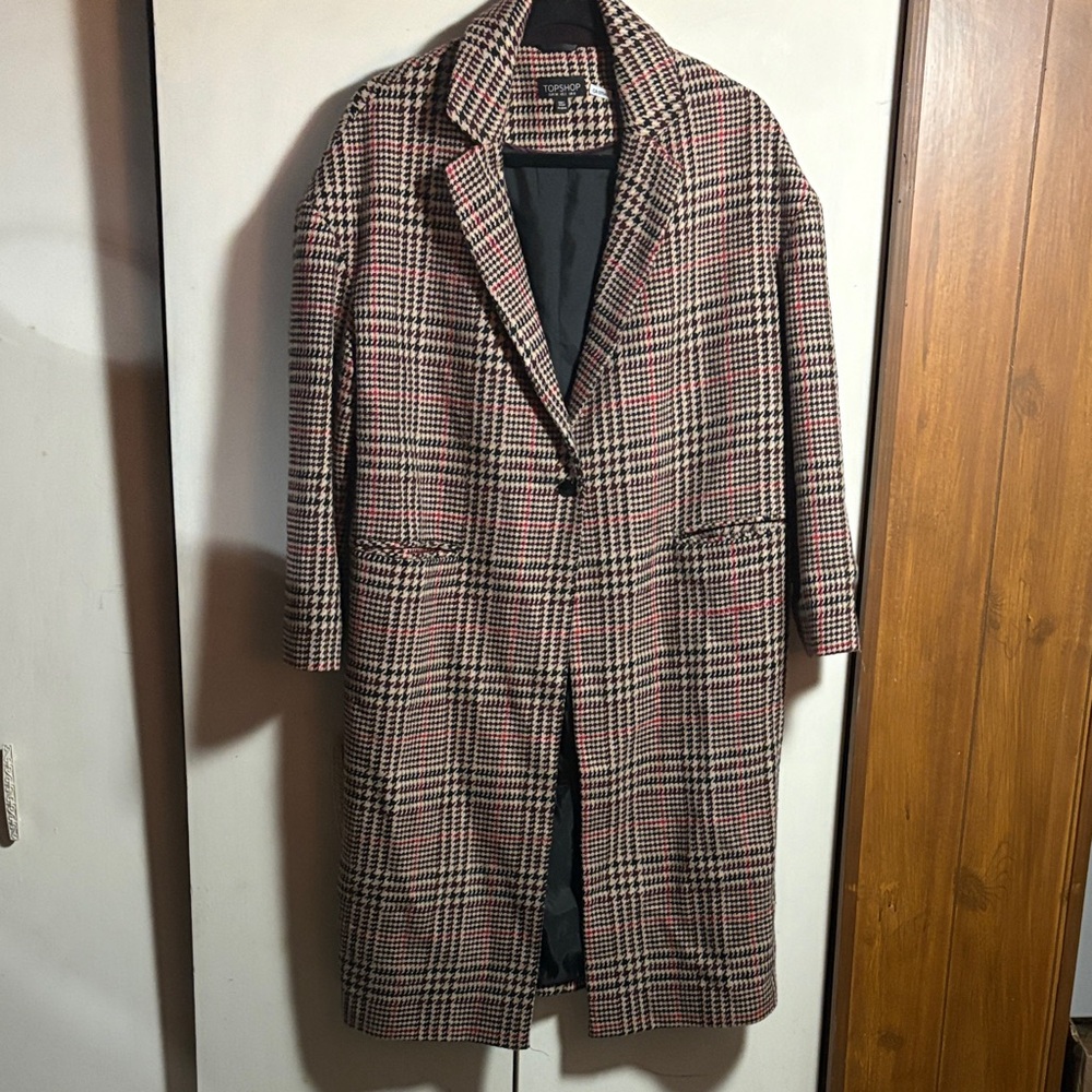Topshop Women's Checkered Pea Coat - Black and Red